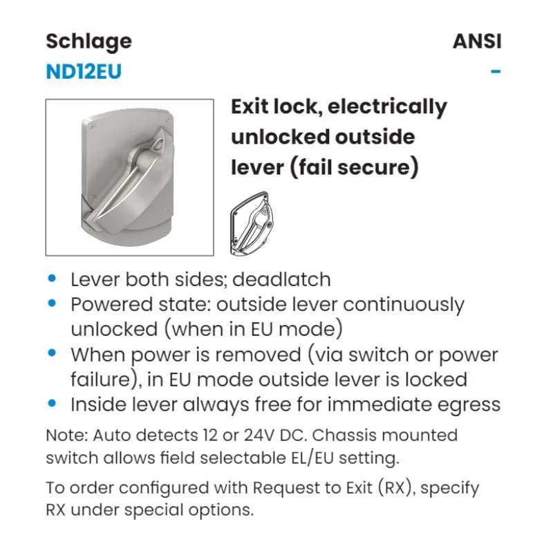 Schlage ND12-EU-HSLR-630 Electrically Ligature Resistant Cylindrical Exit Lock, Non-Keyed, Satin Stainless Steel