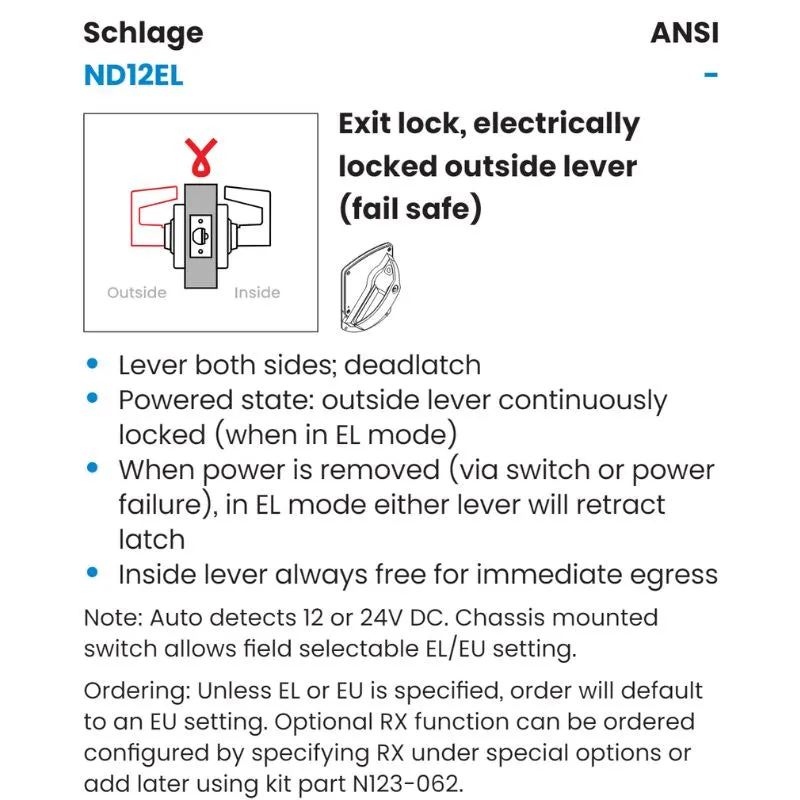 Schlage ND12DEL-SPA-626 Electrified Cylindrical Lock, Exit Function, Satin Chrome