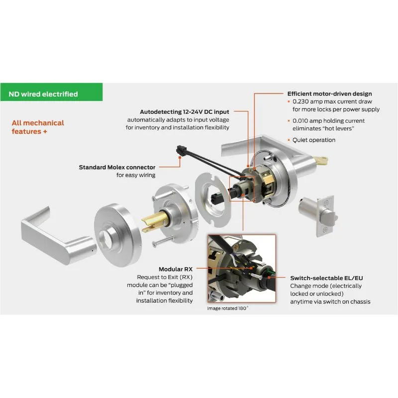 Schlage ND12DEU-RHO-626-RX Electrified Cylindrical Lock, Exit Function, Satin Chrome