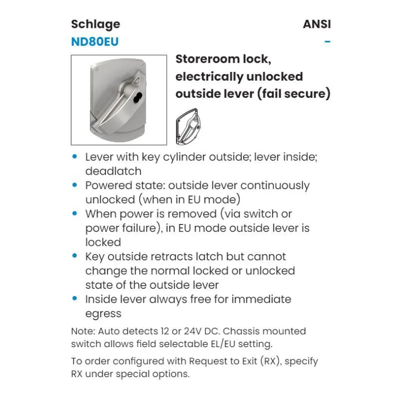 Schlage ND80BD-EU-HSLR-630 Electrically Ligature Resistant Cylindrical Lock, Storeroom Function, SFIC Prep Less Core, Satin Stainless Steel