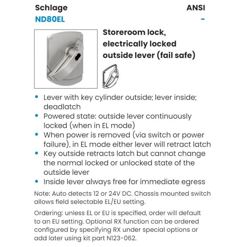 Schlage ND80JD-EL-HSLR-630 Electrically Ligature Resistant Cylindrical Lock, Storeroom Function, FSIC Prep Less Core, Satin Stainless Steel