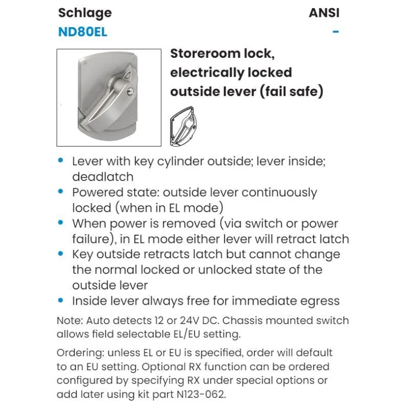 Schlage ND80PD-EL-HSLR-630 Electrically Ligature Resistant Cylindrical Lock, Storeroom Function, Sch "C" Keyway Keyed Random, Satin Stainless Steel