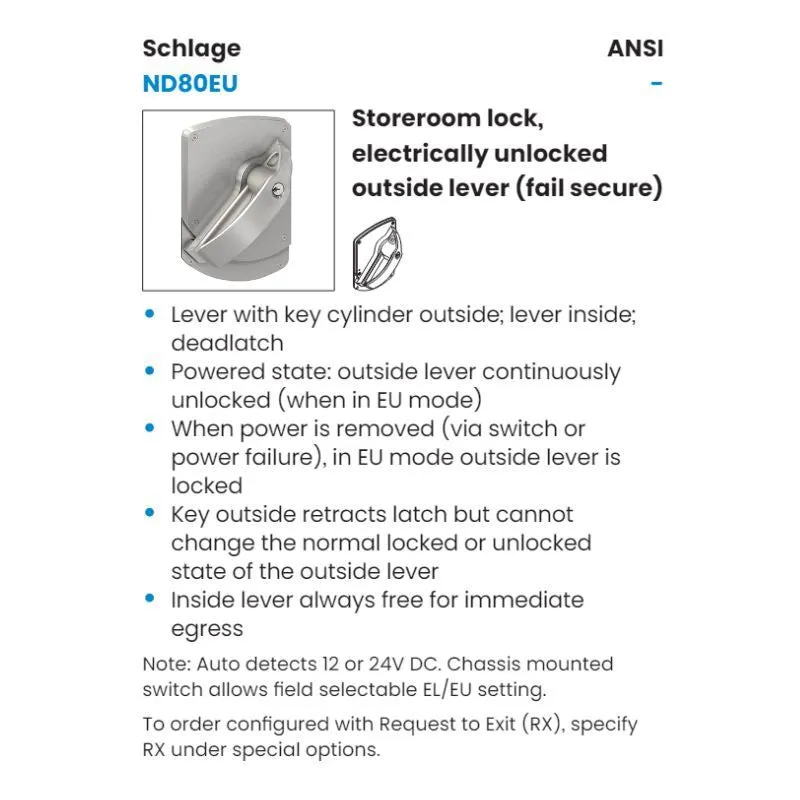 Schlage ND80PD-EU-HSLR-630 Electrically Ligature Resistant Cylindrical Lock, Storeroom Function, Sch "C" Keyway Keyed Random, Satin Stainless Steel