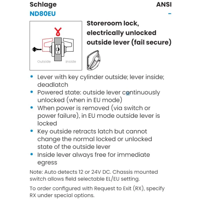 Schlage ND80PD-EU-RHO-RX Electrified Cylindrical Lock, Storeroom Function, Sch "C" Keyway