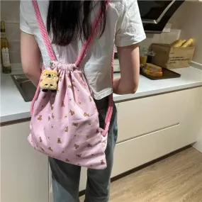 Sohiwoo Strap Pocket Drawstring Backpack for Women Casual Cute Pattern Versatile Backpack Canvas Bag Student Backpack