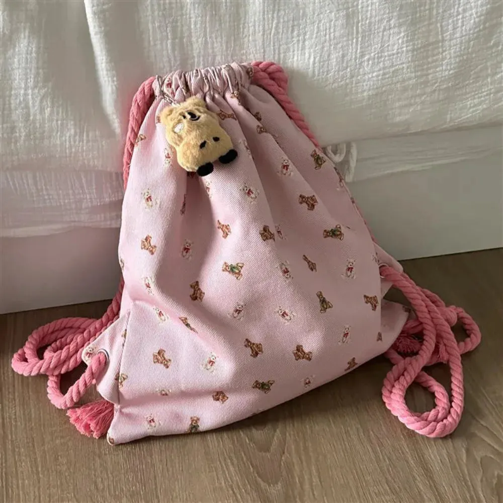 Sohiwoo Strap Pocket Drawstring Backpack for Women Casual Cute Pattern Versatile Backpack Canvas Bag Student Backpack