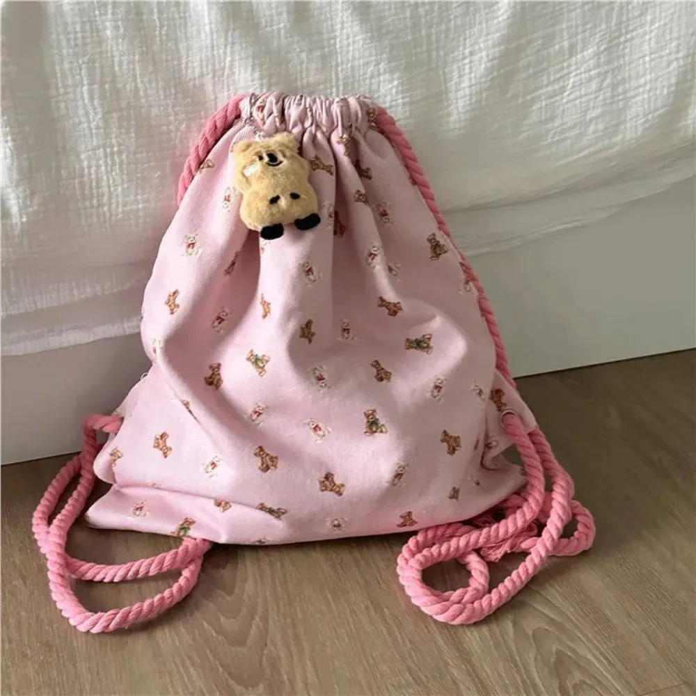 Sohiwoo Strap Pocket Drawstring Backpack for Women Casual Cute Pattern Versatile Backpack Canvas Bag Student Backpack
