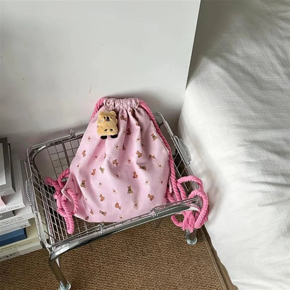 Sohiwoo Strap Pocket Drawstring Backpack for Women Casual Cute Pattern Versatile Backpack Canvas Bag Student Backpack
