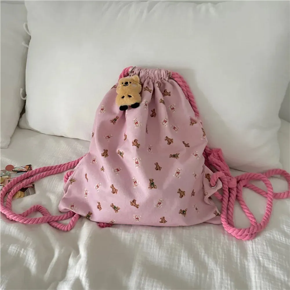 Sohiwoo Strap Pocket Drawstring Backpack for Women Casual Cute Pattern Versatile Backpack Canvas Bag Student Backpack