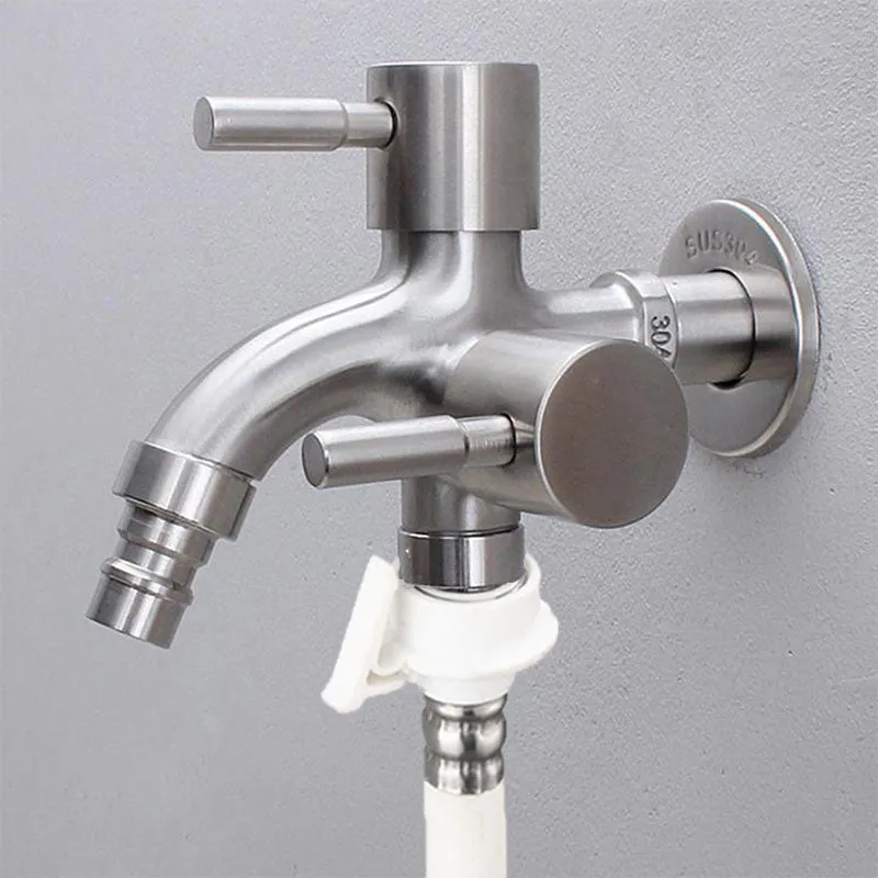 Stainless Steel 304 Washing Machine Double Control Dual 2 Way Faucet Tap Splitter Free Tape & 4-Point Threaded Adapter