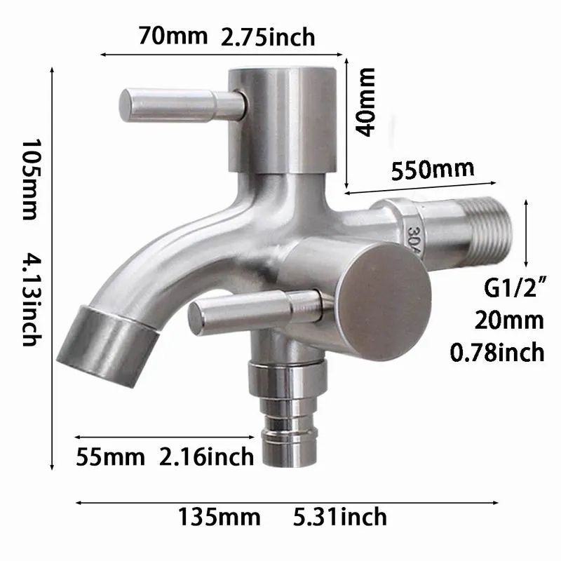 Stainless Steel 304 Washing Machine Double Control Dual 2 Way Faucet Tap Splitter Free Tape & 4-Point Threaded Adapter