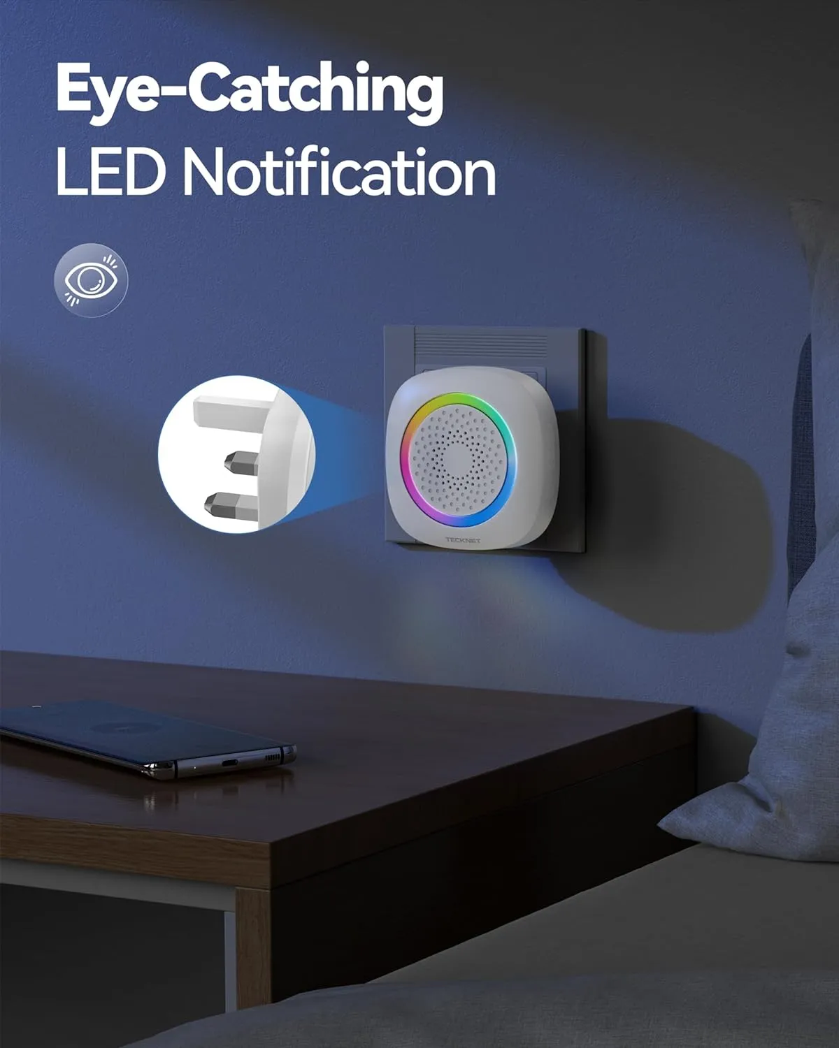 TECKNET Wireless Doorbell, Plug in Doorbell with RGB Light