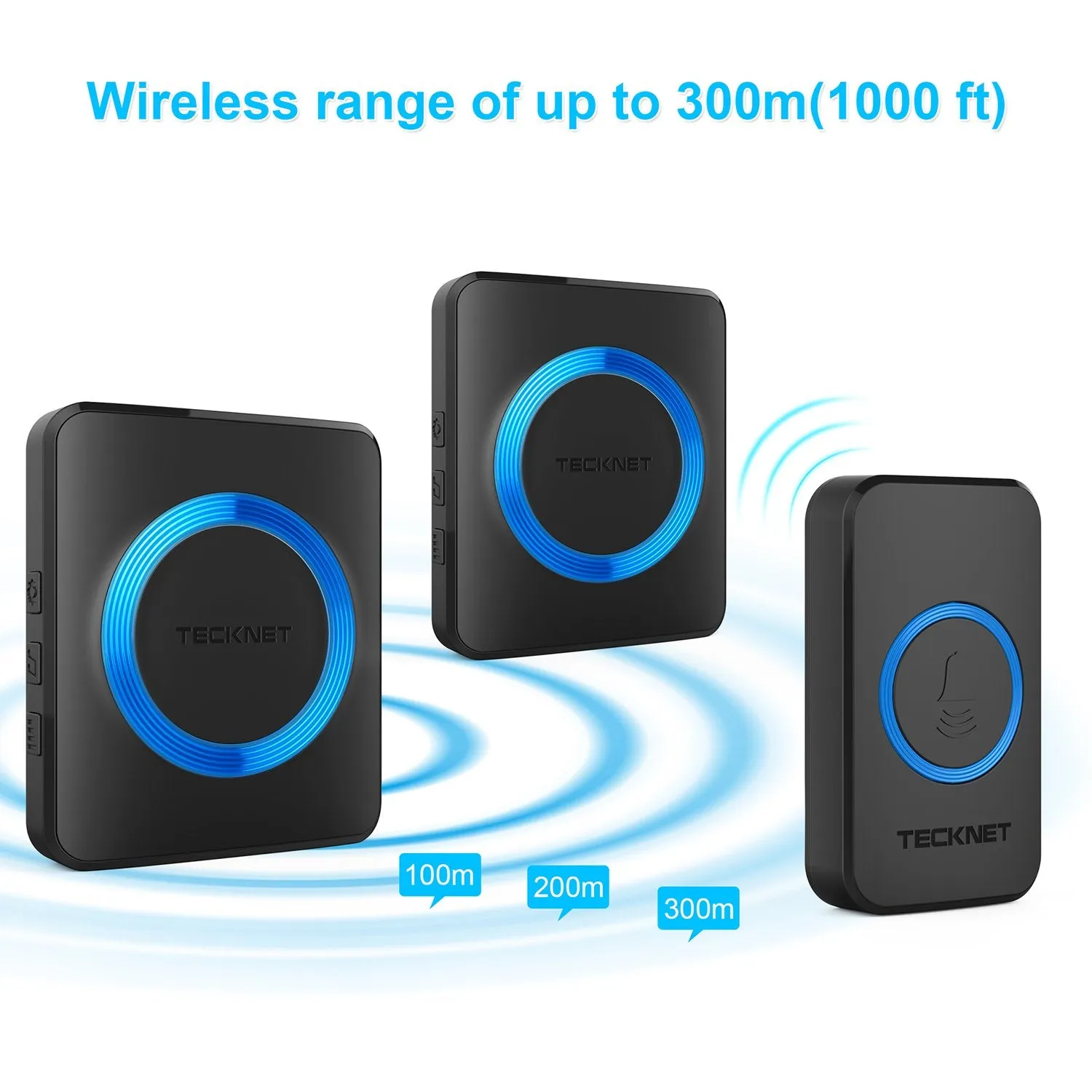 TECKNET Wireless Doorbell, Waterproof Twin Wall Plug-in Cordless Door Chime Kit With 300m Range, 32 Chimes, 4-Level Volume & Blue Light, No Batteries Required Best for Plug in Door Entry Bell