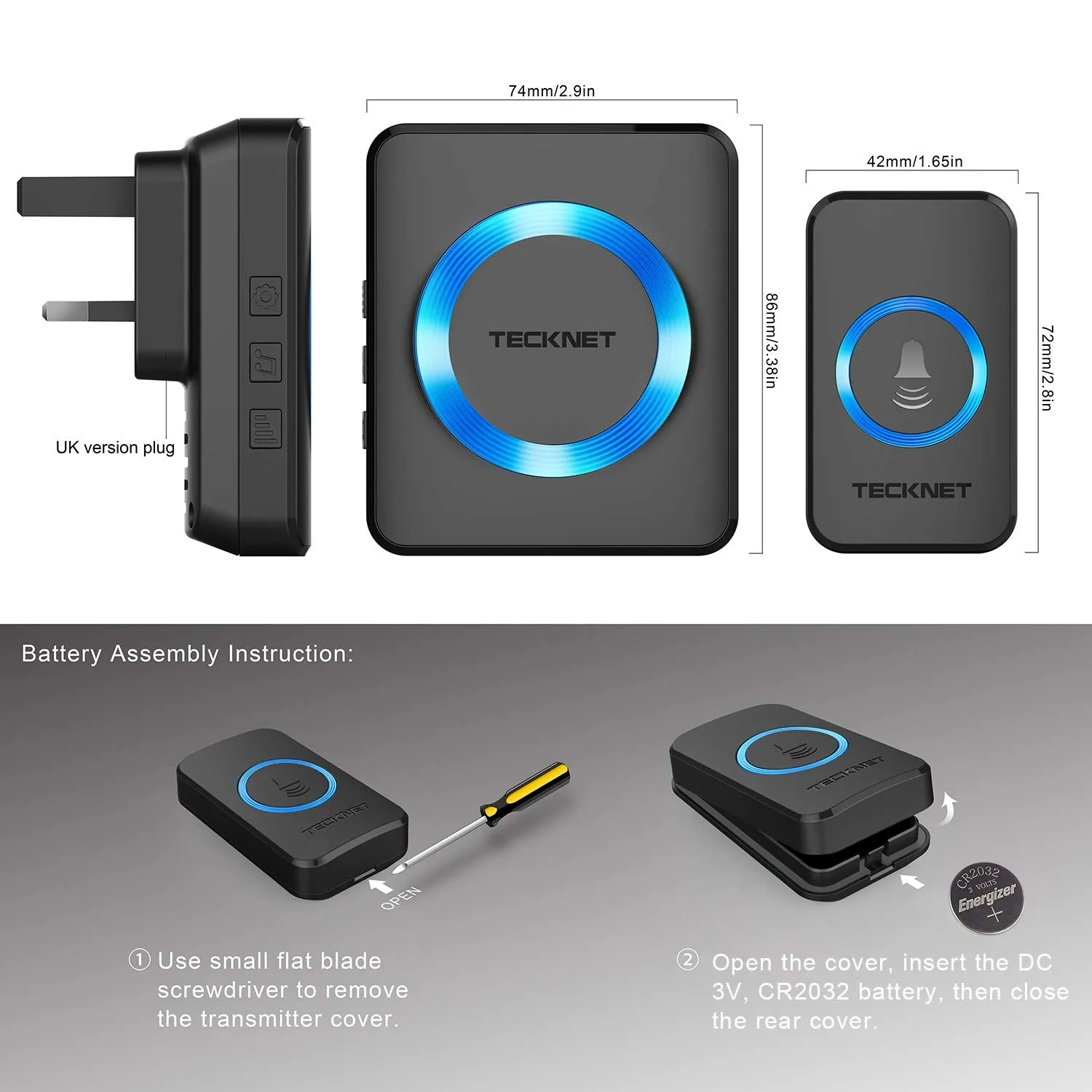 TECKNET Wireless Doorbell, Waterproof Twin Wall Plug-in Cordless Door Chime Kit With 300m Range, 32 Chimes, 4-Level Volume & Blue Light, No Batteries Required Best for Plug in Door Entry Bell