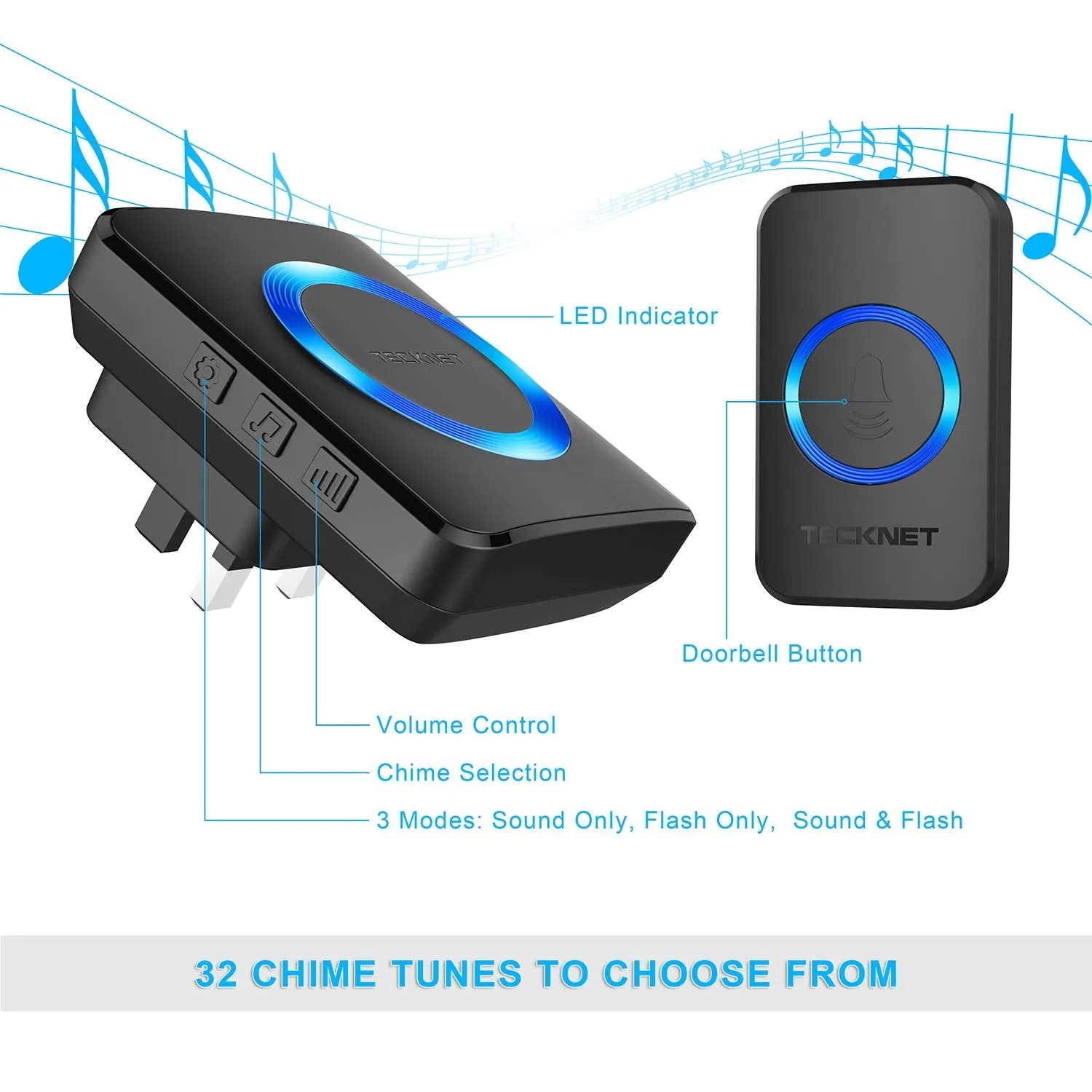 TECKNET Wireless Doorbell, Waterproof Twin Wall Plug-in Cordless Door Chime Kit With 300m Range, 32 Chimes, 4-Level Volume & Blue Light, No Batteries Required Best for Plug in Door Entry Bell