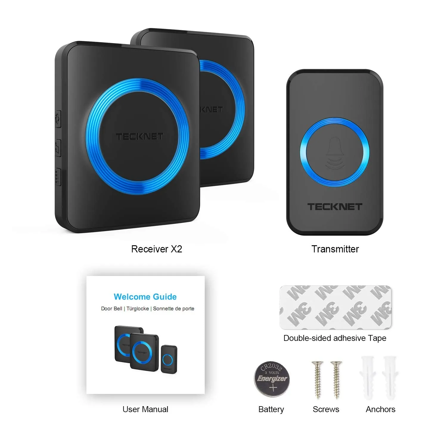 TECKNET Wireless Doorbell, Waterproof Twin Wall Plug-in Cordless Door Chime Kit With 300m Range, 32 Chimes, 4-Level Volume & Blue Light, No Batteries Required Best for Plug in Door Entry Bell