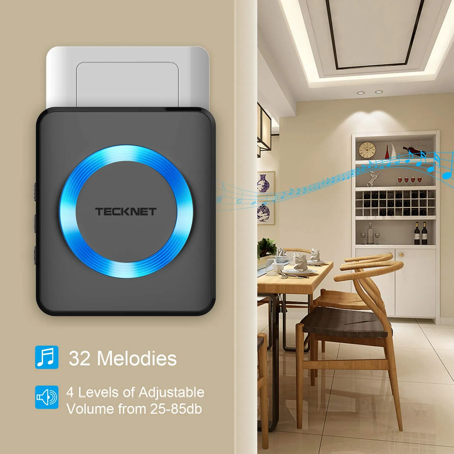 TECKNET Wireless Doorbell, Waterproof Twin Wall Plug-in Cordless Door Chime Kit With 300m Range, 32 Chimes, 4-Level Volume & Blue Light, No Batteries Required Best for Plug in Door Entry Bell