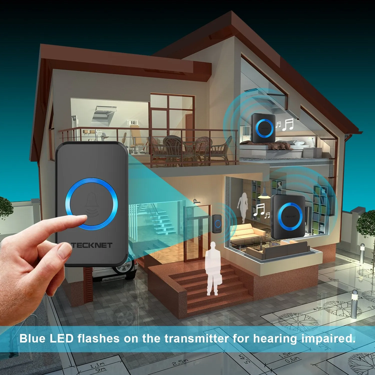 TECKNET Wireless Doorbell, Waterproof Twin Wall Plug-in Cordless Door Chime Kit With 300m Range, 32 Chimes, 4-Level Volume & Blue Light, No Batteries Required Best for Plug in Door Entry Bell