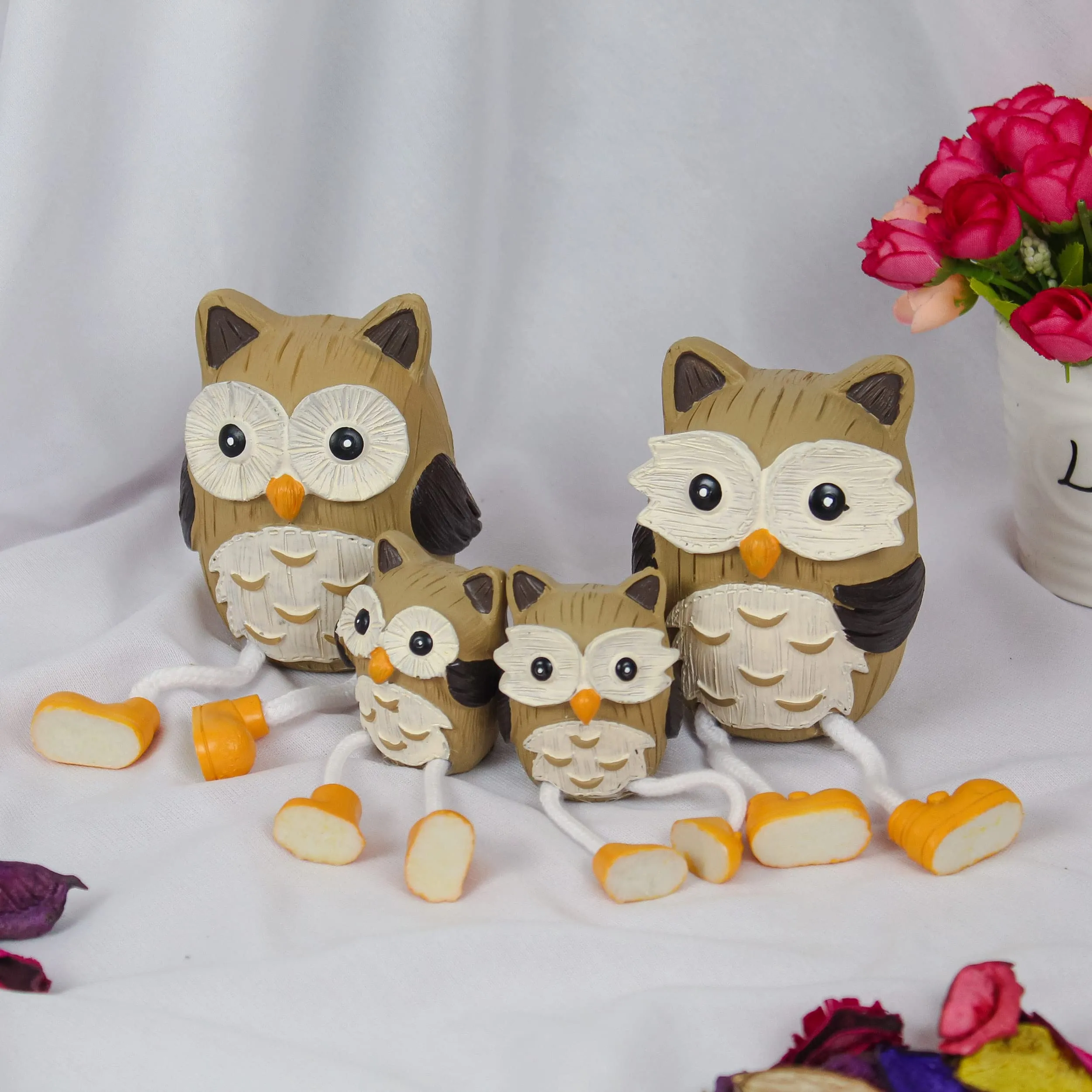 TIED RIBBONS Owl Long Leg Hanging Dolls Family Couple Statue Decorative Showpiece for Home Decor Living Room Table Bedroom Decoration Birthday Wedding Gift Items (Set of 4, Multi, Resin)