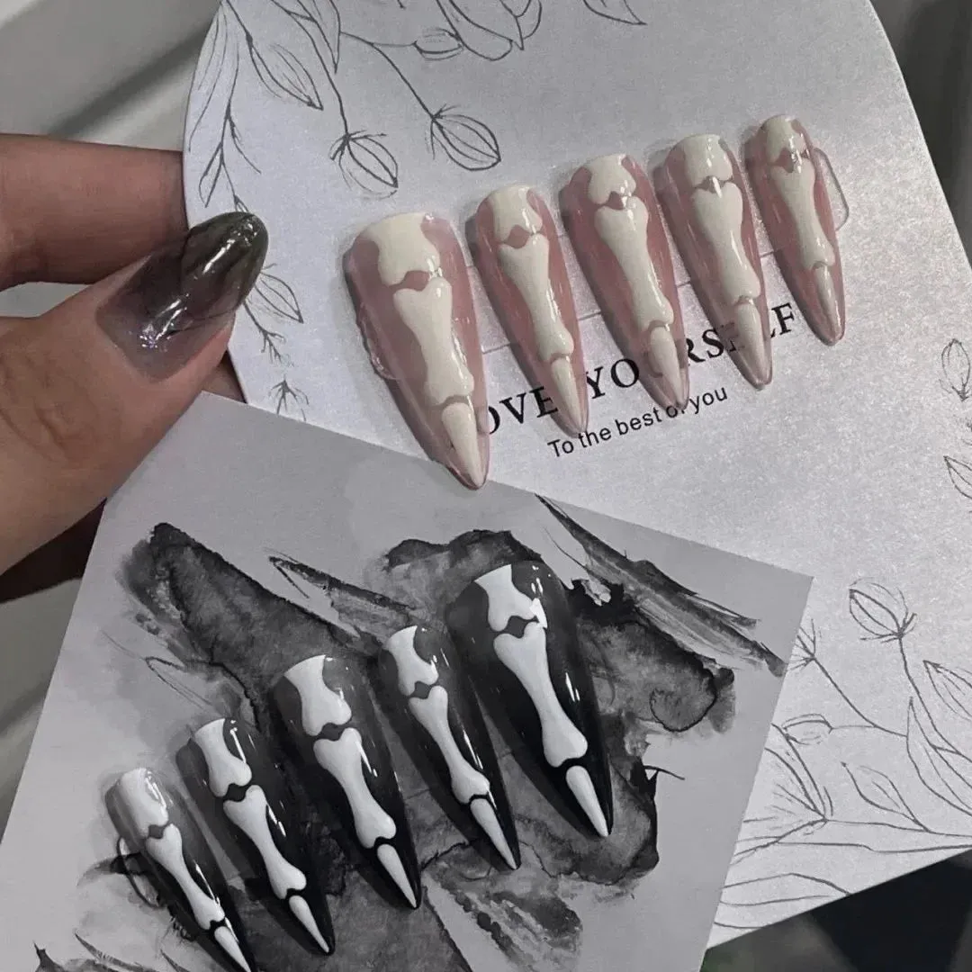 Toleet-Helloween sminken 10Pcs Gothic Bones Handmade Press-On Nails Glossy Long Almond Full Cover Fake Nail Tip for Women&Girls Halloween,party Wear