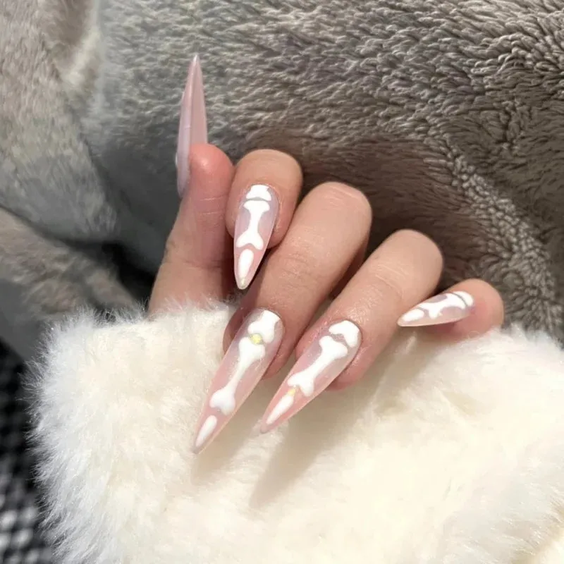 Toleet-Helloween sminken 10Pcs Gothic Bones Handmade Press-On Nails Glossy Long Almond Full Cover Fake Nail Tip for Women&Girls Halloween,party Wear