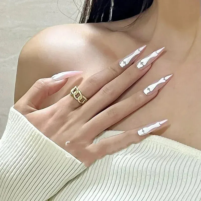Toleet-Helloween sminken 10Pcs Gothic Bones Handmade Press-On Nails Glossy Long Almond Full Cover Fake Nail Tip for Women&Girls Halloween,party Wear
