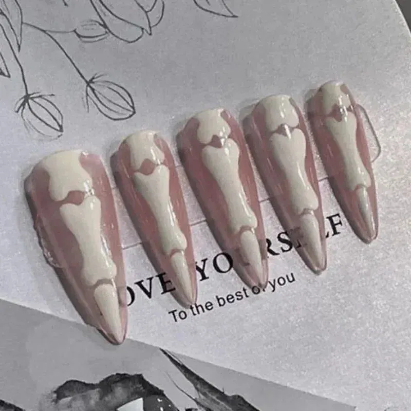 Toleet-Helloween sminken 10Pcs Gothic Bones Handmade Press-On Nails Glossy Long Almond Full Cover Fake Nail Tip for Women&Girls Halloween,party Wear