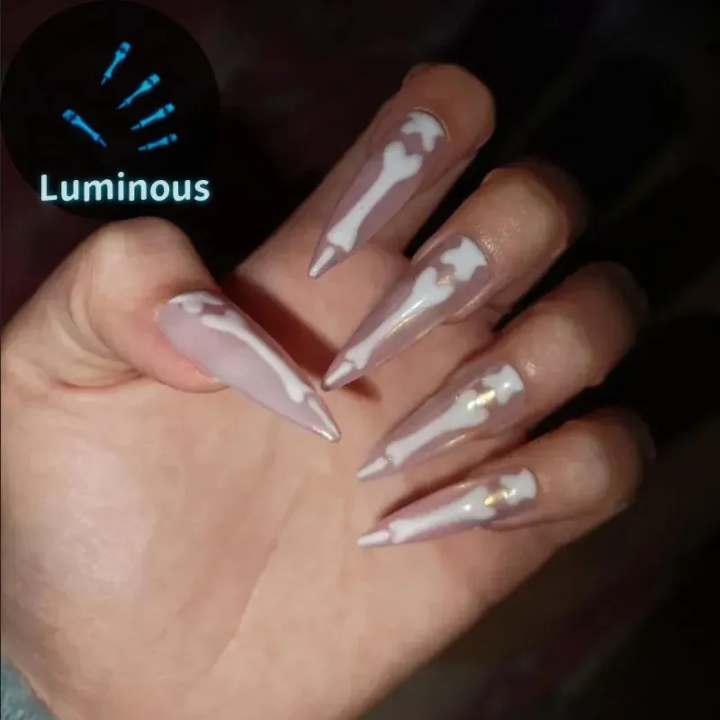 Toleet-Helloween sminken 10Pcs Gothic Bones Handmade Press-On Nails Glossy Long Almond Full Cover Fake Nail Tip for Women&Girls Halloween,party Wear