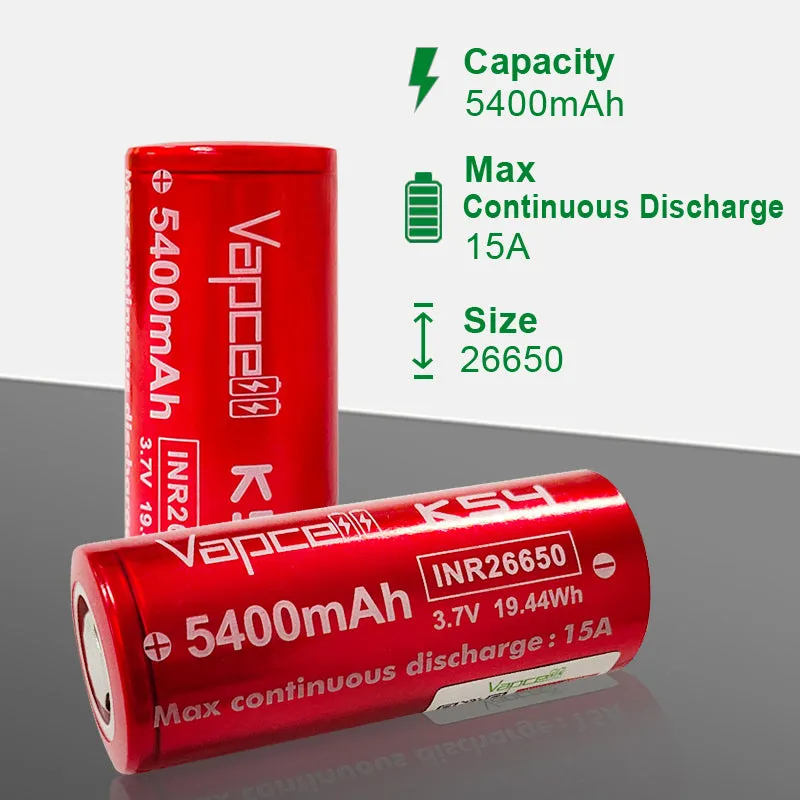 Vapcell 26650 K54 5400mah 15A Lithium-Ion Rechargeable Battery  **** HAS TO BE SHIPPED WITH FLASLIGHT   FEDEX ***