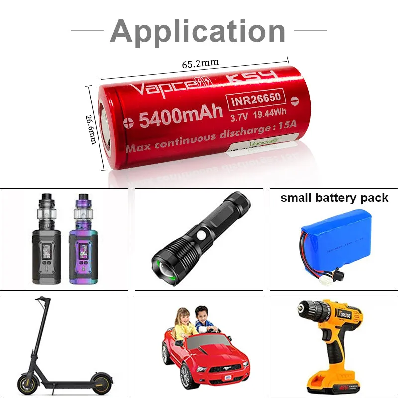 Vapcell 26650 K54 5400mah 15A Lithium-Ion Rechargeable Battery  **** HAS TO BE SHIPPED WITH FLASLIGHT   FEDEX ***