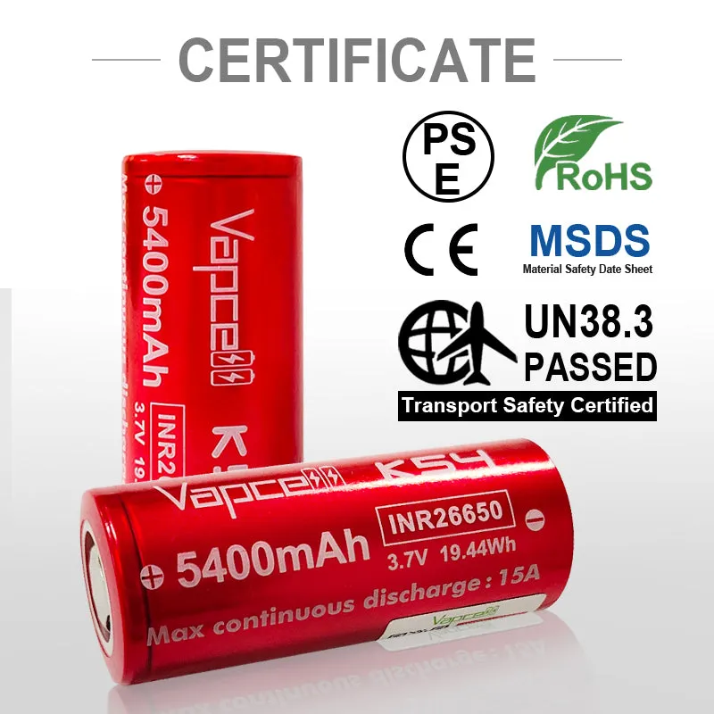 Vapcell 26650 K54 5400mah 15A Lithium-Ion Rechargeable Battery  **** HAS TO BE SHIPPED WITH FLASLIGHT   FEDEX ***