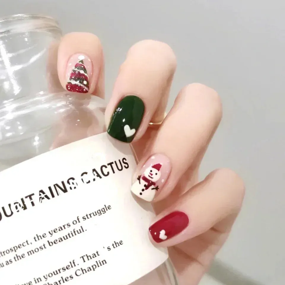Wenkouban-24Pcs Christmas New Purple Rabbit Cute Short False Nails Tips Snowman Elk Pattern Design Wearable Fake Nails Press On Nail Art