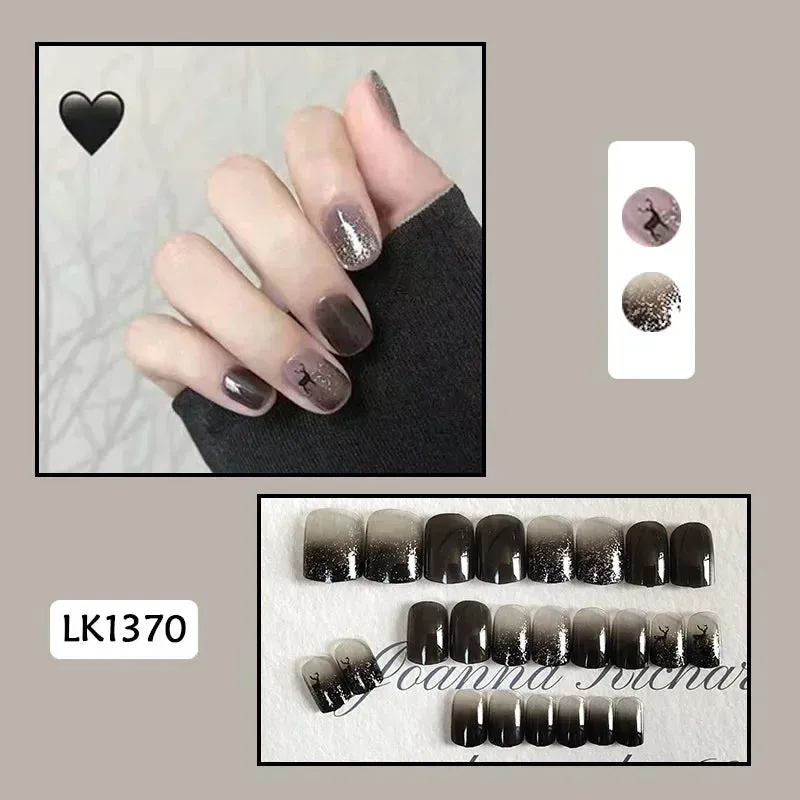Wenkouban-24Pcs Christmas New Purple Rabbit Cute Short False Nails Tips Snowman Elk Pattern Design Wearable Fake Nails Press On Nail Art