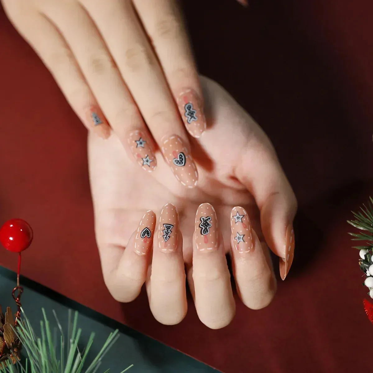 Wenkouban-24Pcs Christmas New Purple Rabbit Cute Short False Nails Tips Snowman Elk Pattern Design Wearable Fake Nails Press On Nail Art