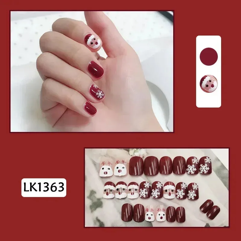 Wenkouban-24Pcs Christmas New Purple Rabbit Cute Short False Nails Tips Snowman Elk Pattern Design Wearable Fake Nails Press On Nail Art