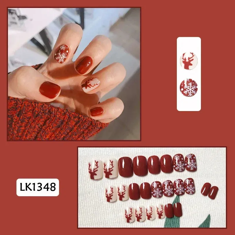 Wenkouban-24Pcs Christmas New Purple Rabbit Cute Short False Nails Tips Snowman Elk Pattern Design Wearable Fake Nails Press On Nail Art