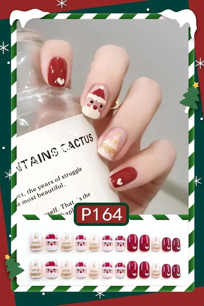 Wenkouban-24Pcs Christmas New Purple Rabbit Cute Short False Nails Tips Snowman Elk Pattern Design Wearable Fake Nails Press On Nail Art