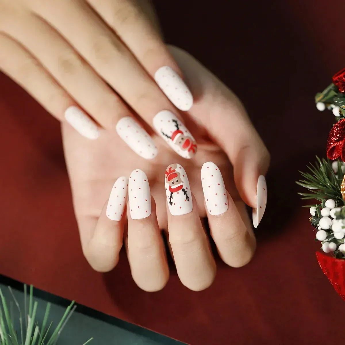 Wenkouban-24Pcs Christmas New Purple Rabbit Cute Short False Nails Tips Snowman Elk Pattern Design Wearable Fake Nails Press On Nail Art
