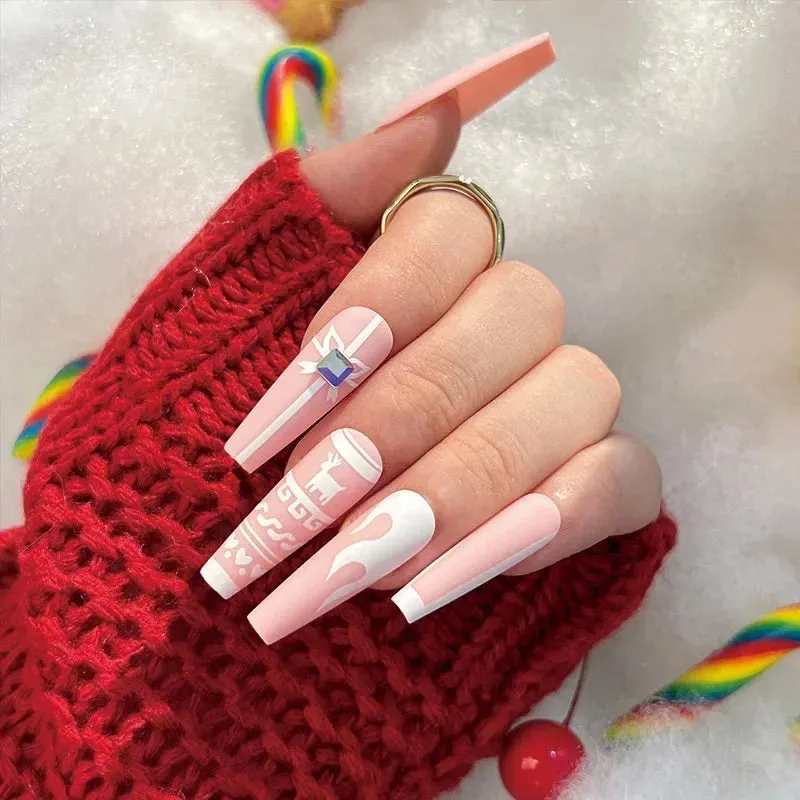 Wenkouban-24Pcs Christmas New Purple Rabbit Cute Short False Nails Tips Snowman Elk Pattern Design Wearable Fake Nails Press On Nail Art