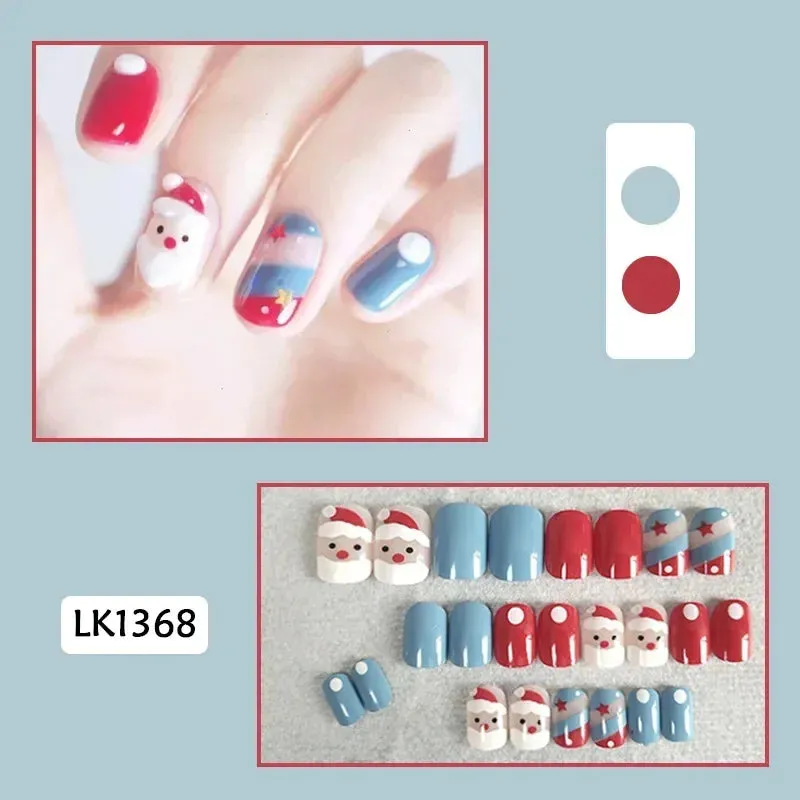 Wenkouban-24Pcs Christmas New Purple Rabbit Cute Short False Nails Tips Snowman Elk Pattern Design Wearable Fake Nails Press On Nail Art