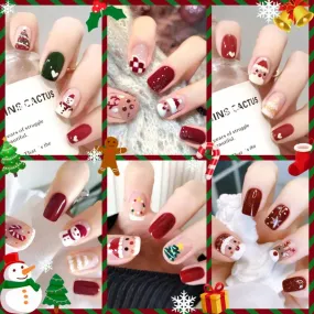 Wenkouban-24Pcs Christmas New Purple Rabbit Cute Short False Nails Tips Snowman Elk Pattern Design Wearable Fake Nails Press On Nail Art