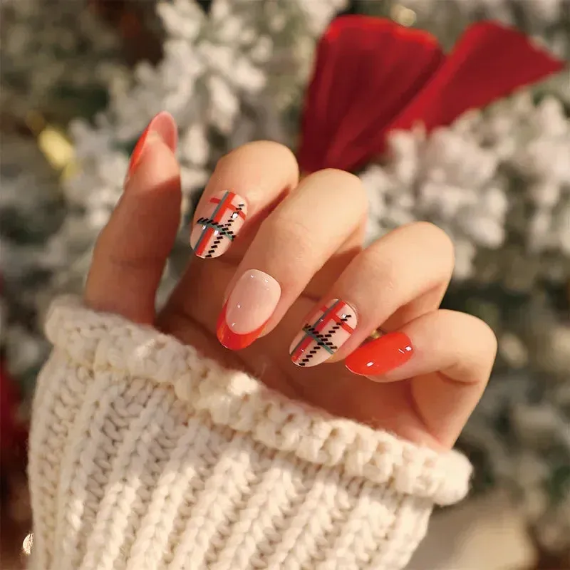 Wenkouban-24Pcs Christmas New Purple Rabbit Cute Short False Nails Tips Snowman Elk Pattern Design Wearable Fake Nails Press On Nail Art