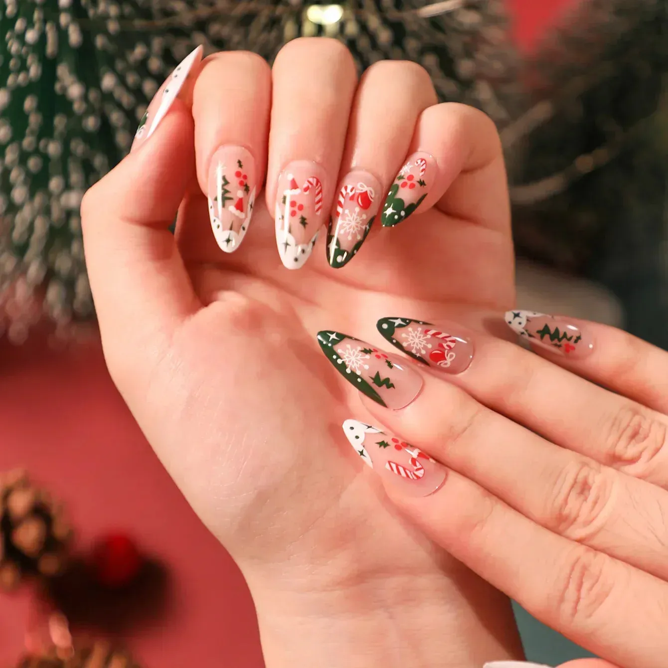 Wenkouban-24Pcs Christmas New Purple Rabbit Cute Short False Nails Tips Snowman Elk Pattern Design Wearable Fake Nails Press On Nail Art