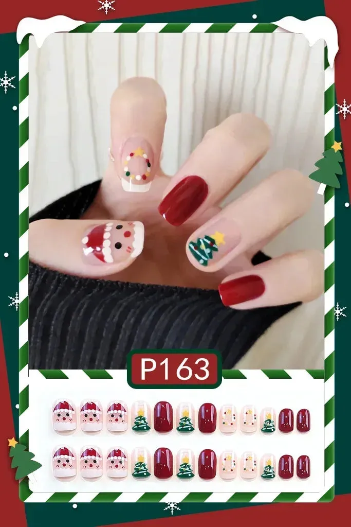 Wenkouban-24Pcs Christmas New Purple Rabbit Cute Short False Nails Tips Snowman Elk Pattern Design Wearable Fake Nails Press On Nail Art