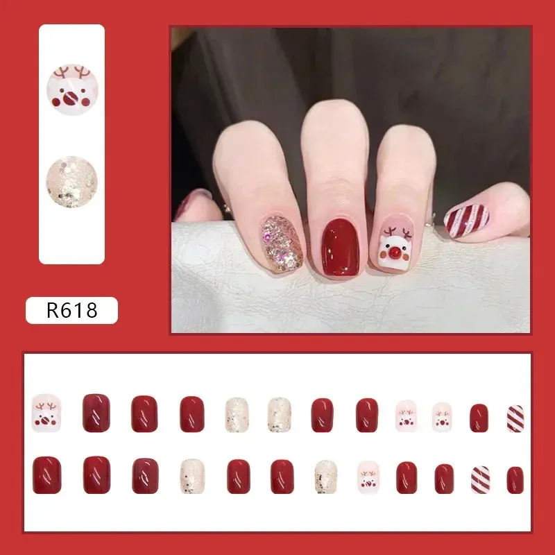 Wenkouban-24Pcs Christmas New Purple Rabbit Cute Short False Nails Tips Snowman Elk Pattern Design Wearable Fake Nails Press On Nail Art