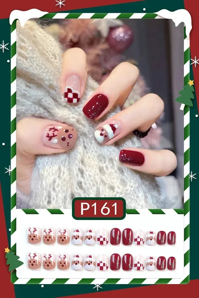 Wenkouban-24Pcs Christmas New Purple Rabbit Cute Short False Nails Tips Snowman Elk Pattern Design Wearable Fake Nails Press On Nail Art