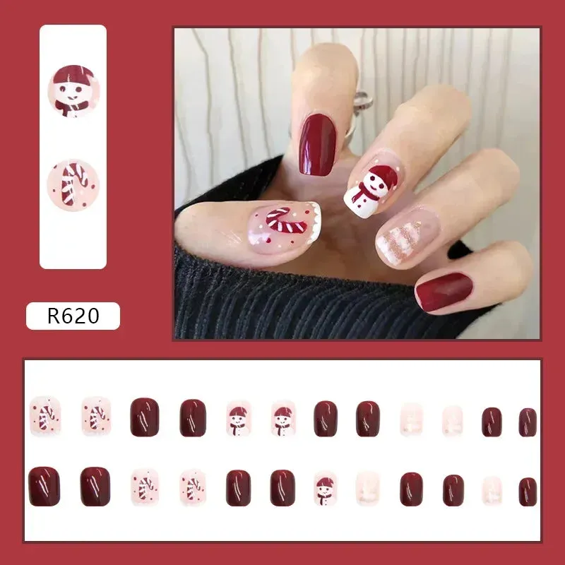 Wenkouban-24Pcs Christmas New Purple Rabbit Cute Short False Nails Tips Snowman Elk Pattern Design Wearable Fake Nails Press On Nail Art