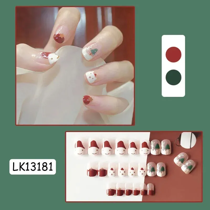 Wenkouban-24Pcs Christmas New Purple Rabbit Cute Short False Nails Tips Snowman Elk Pattern Design Wearable Fake Nails Press On Nail Art
