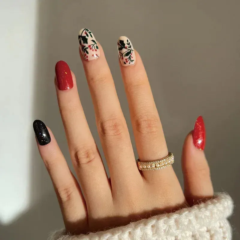 Wenkouban-24Pcs Christmas New Purple Rabbit Cute Short False Nails Tips Snowman Elk Pattern Design Wearable Fake Nails Press On Nail Art