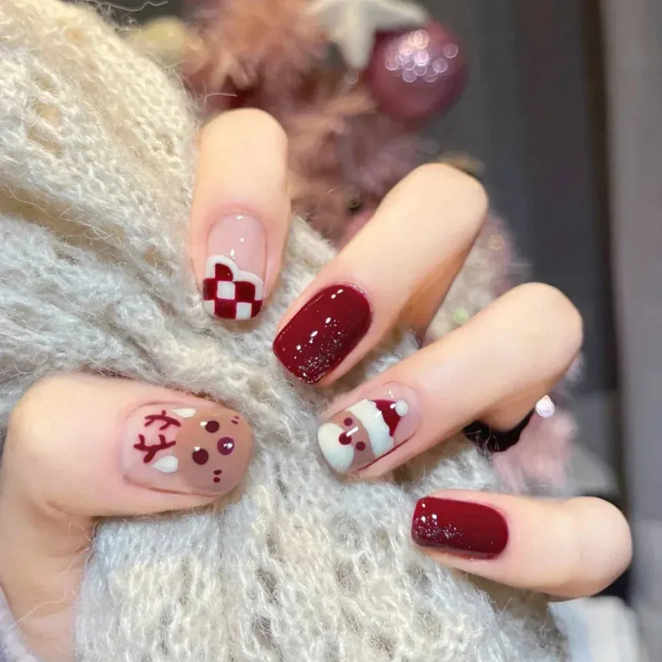 Wenkouban-24Pcs Christmas New Purple Rabbit Cute Short False Nails Tips Snowman Elk Pattern Design Wearable Fake Nails Press On Nail Art